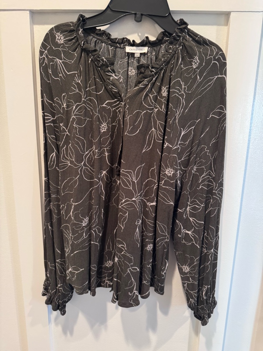 Olivia Grey Long Sleeve Ruffle Trim Blouse‎